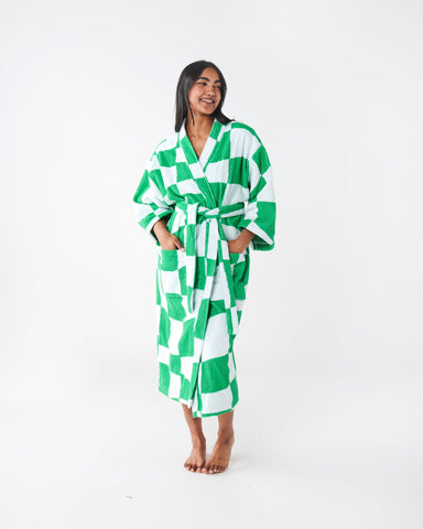 Checkerboard Green Terry Bath Robe