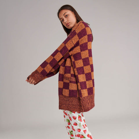 Autumn Check Long Wool Blend Knitted Cardigan