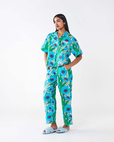 Tumbling Flowers Organic Cotton Short Sleeve Shirt & Pant Pyjama Set